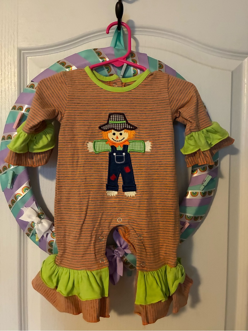 Orange Stripe & Lime Ruffle Scarecrow One-Piece for Kids